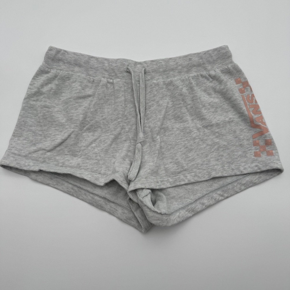 Vans Womens Heather Gray Fleece Lounge Sweat Shorts Pink Logo Size Medium